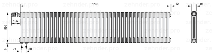 Схема (чертеж) Радиатор Zehnder Charleston 2056/38 №V001 Белый глянцевый RAL 9016